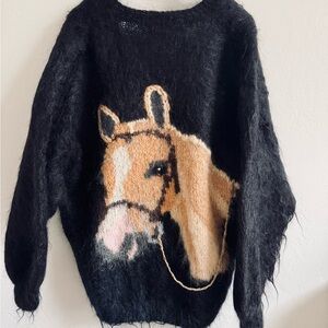 Vintage NWOT Black Mohair Knit Cardigan Equestrian Horse Rustic Sweater Handmade